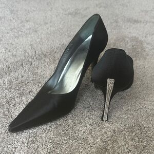Stuart Weitzman Black Satin Heels with Silver Accent